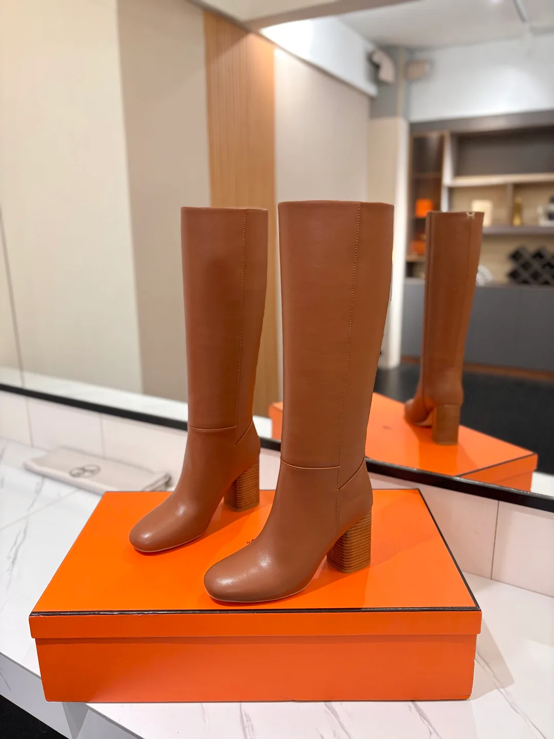 Hermes Cowhide Knee-High Boots in Brown · view 2