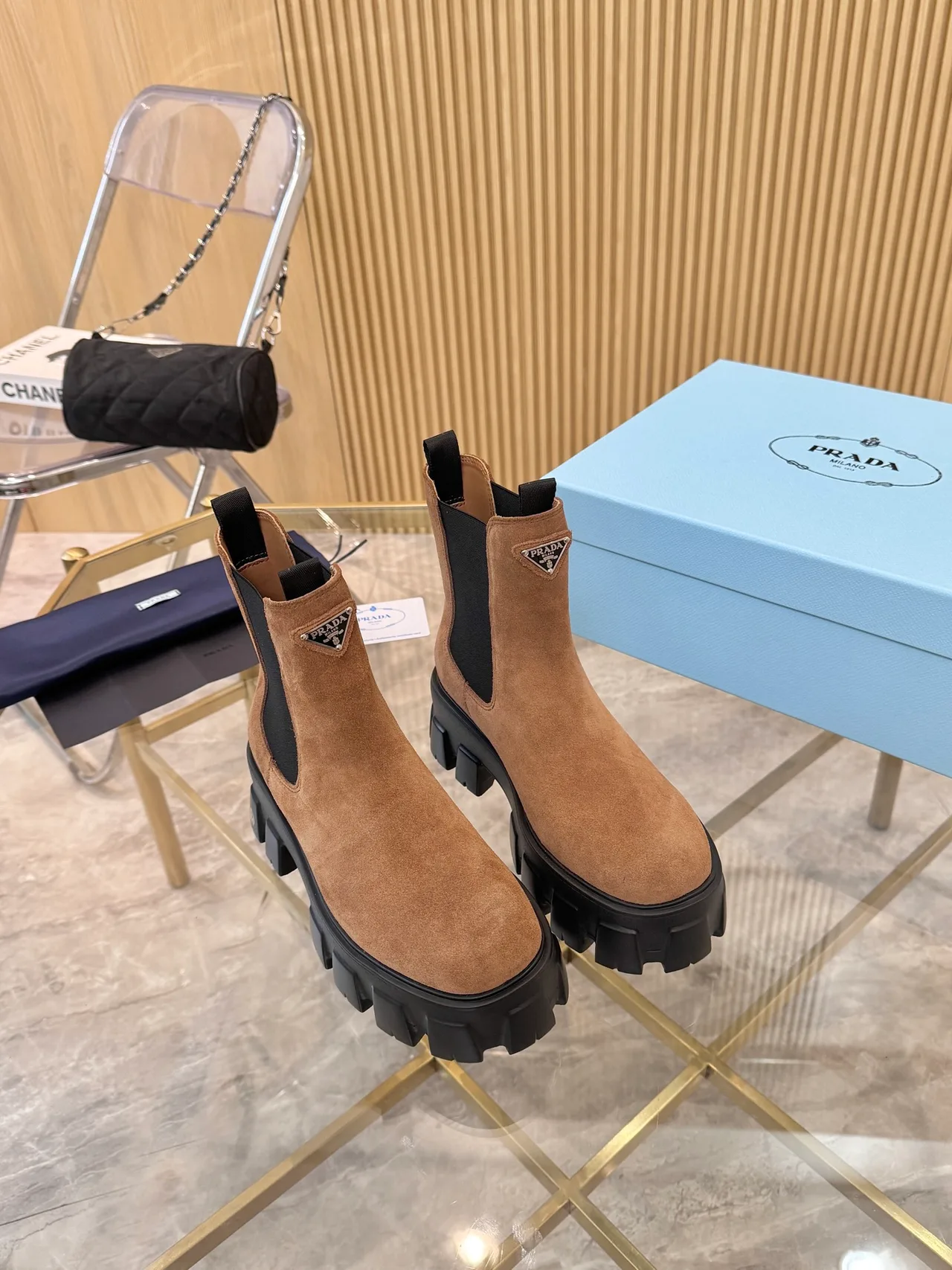 Prada Suede-Look Chelsea Boots in Brown · view 4