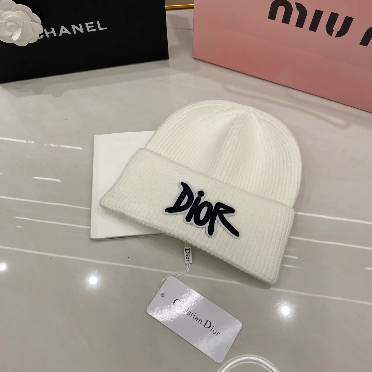 Dior Logo knit beanie in Black & White · view 2