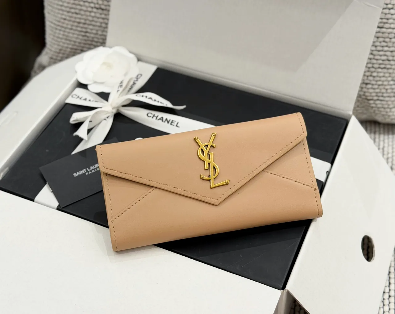 Saint Laurent Long Wallet in Beige & Black & Brown · view 5
