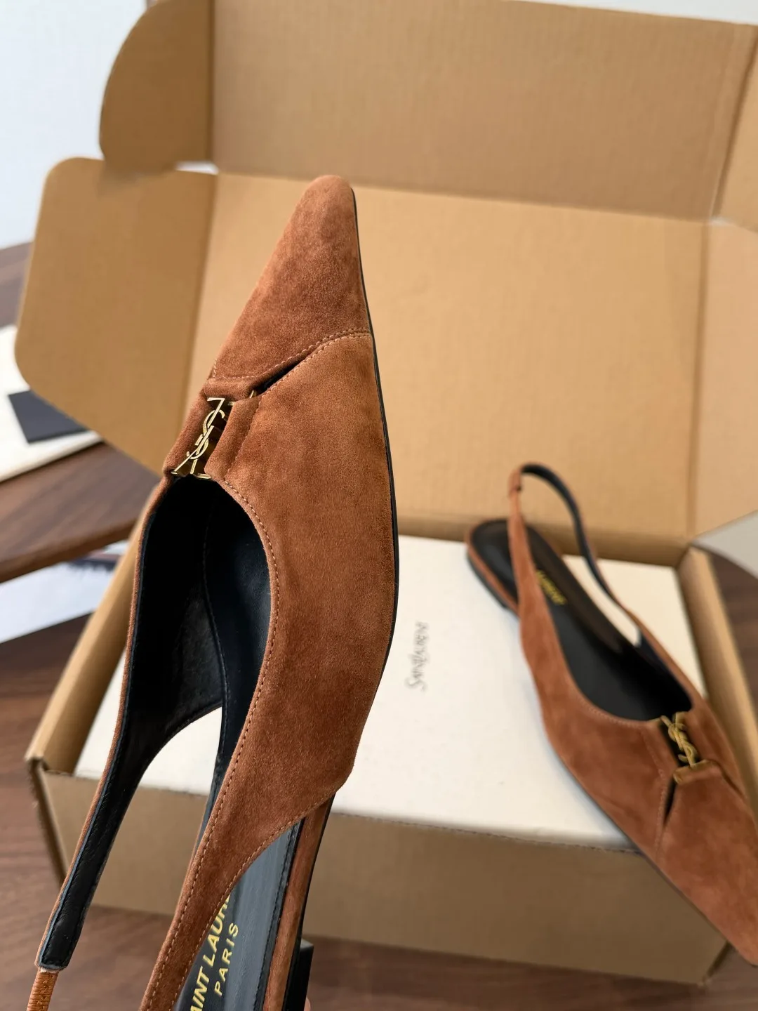 Saint Laurent Sheepskin Suede-Look Pointed-Toe Slingback Shoes in Brown · view 6