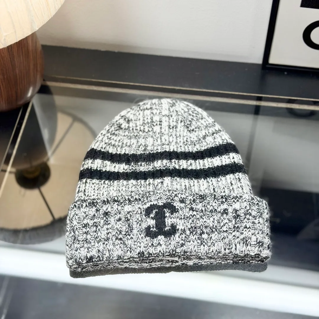 Chanel Wool Striped Beanie and Scarf Set in Grey · view 5