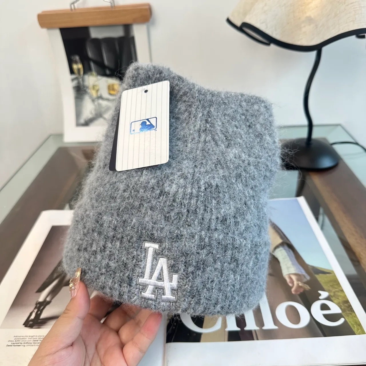 LA Letter Fuzzy Knit Beanie in Grey · view 1