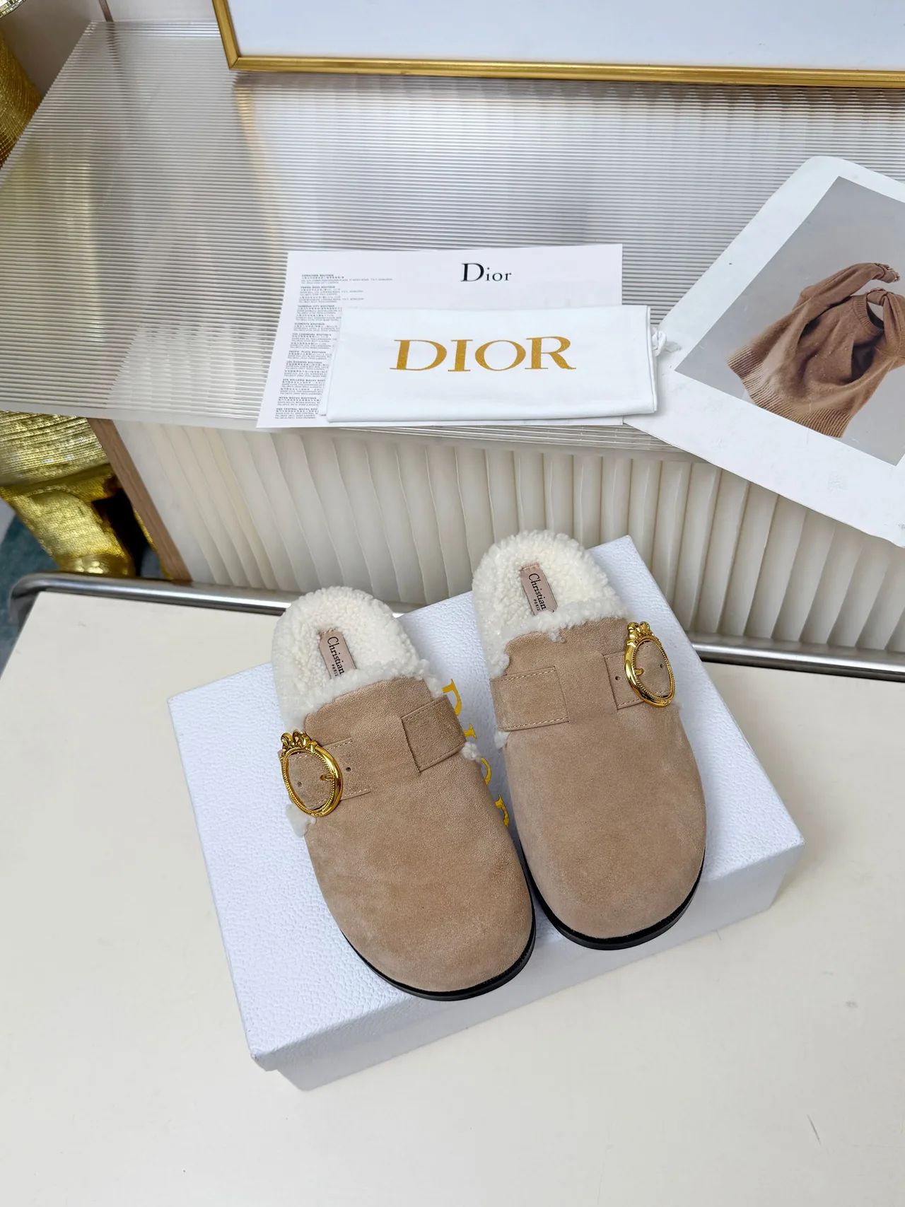 Dior Buckle-trim lined mules in Beige & Black & Tan · view 1