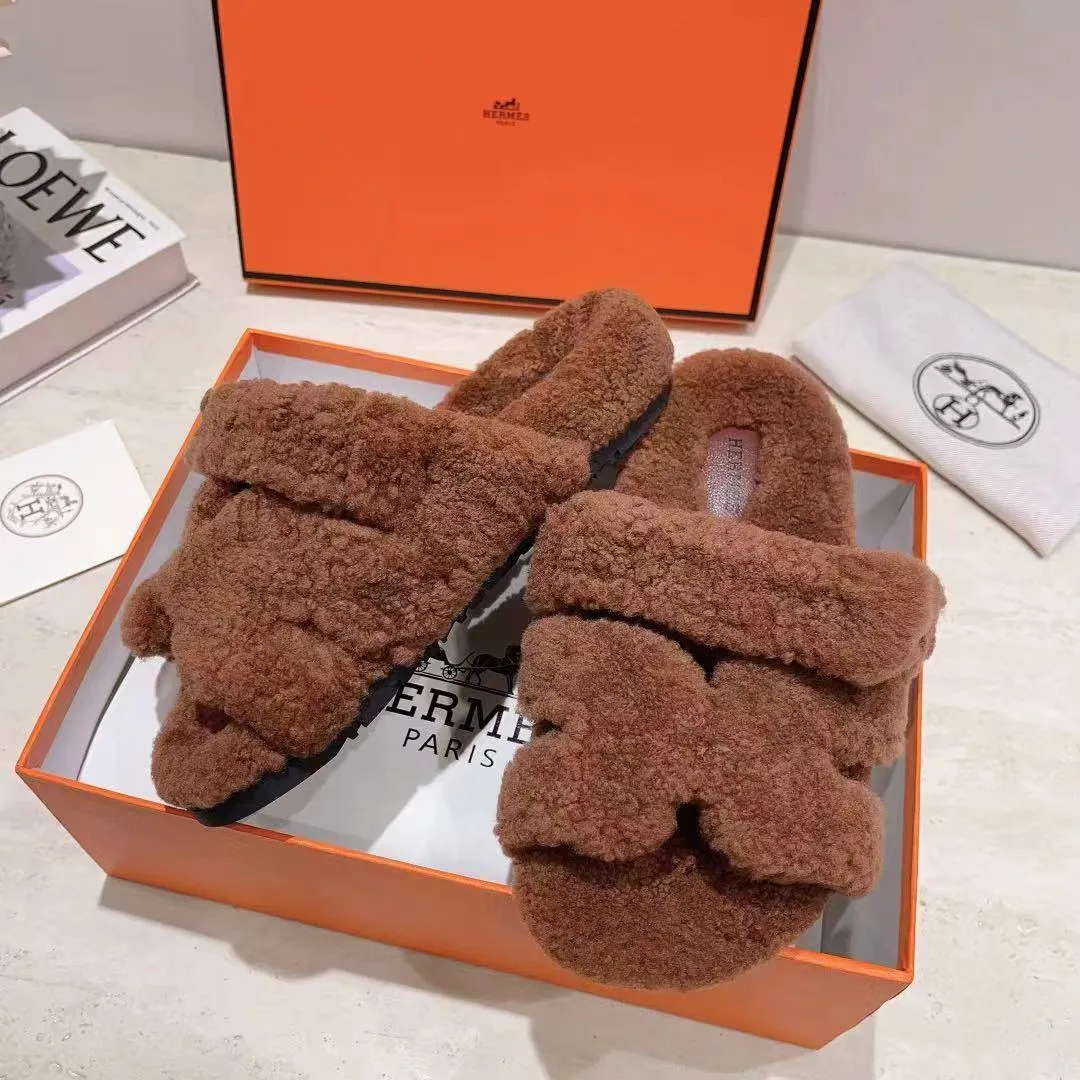 Hermes Sheepskin Chypre Shearling Slides in Brown · view 5