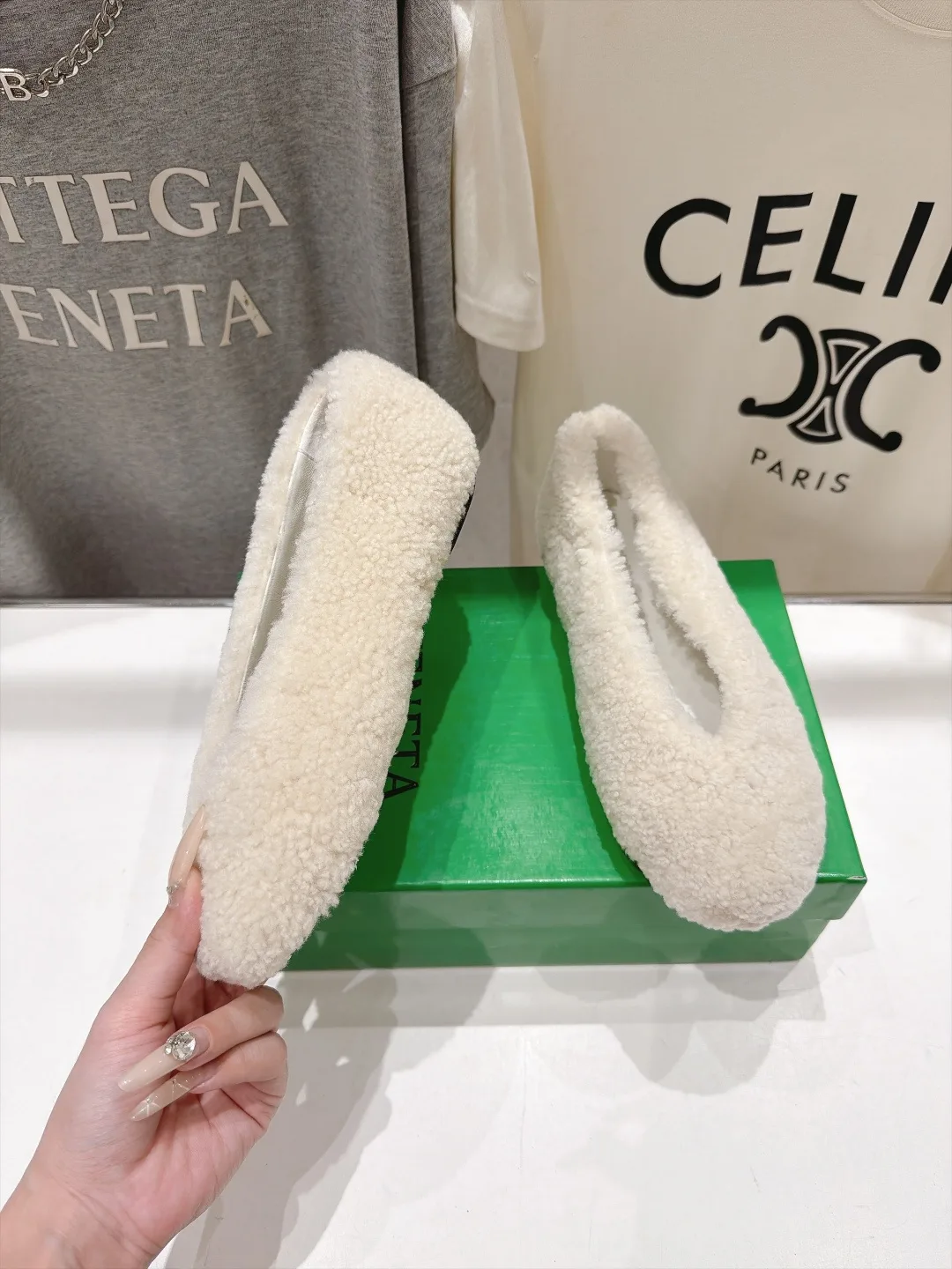 Celine Round-Toe Fleece Ballet Flats in Cream · view 3