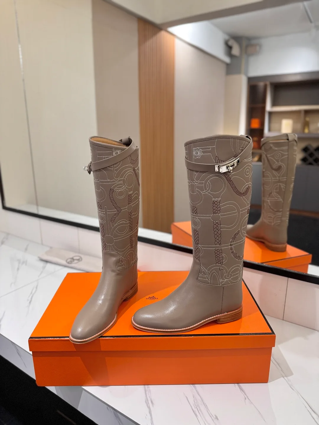 Hermes Cowhide Boots in Grey · view 5