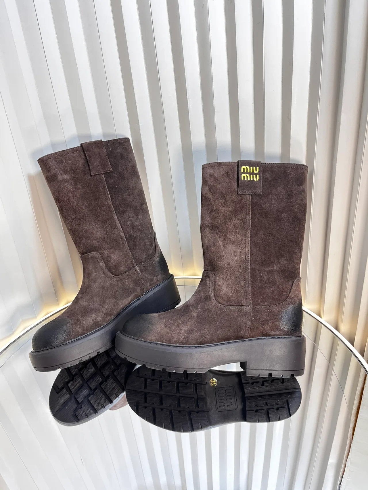 Miu Miu Calfskin Knee-High Boots in Brown · view 5