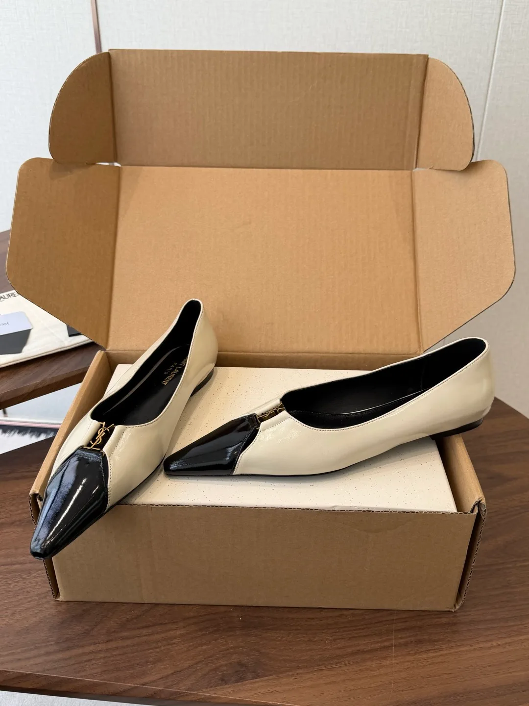 Saint Laurent Sheepskin Pointed-Toe Flats in Cream · view 3