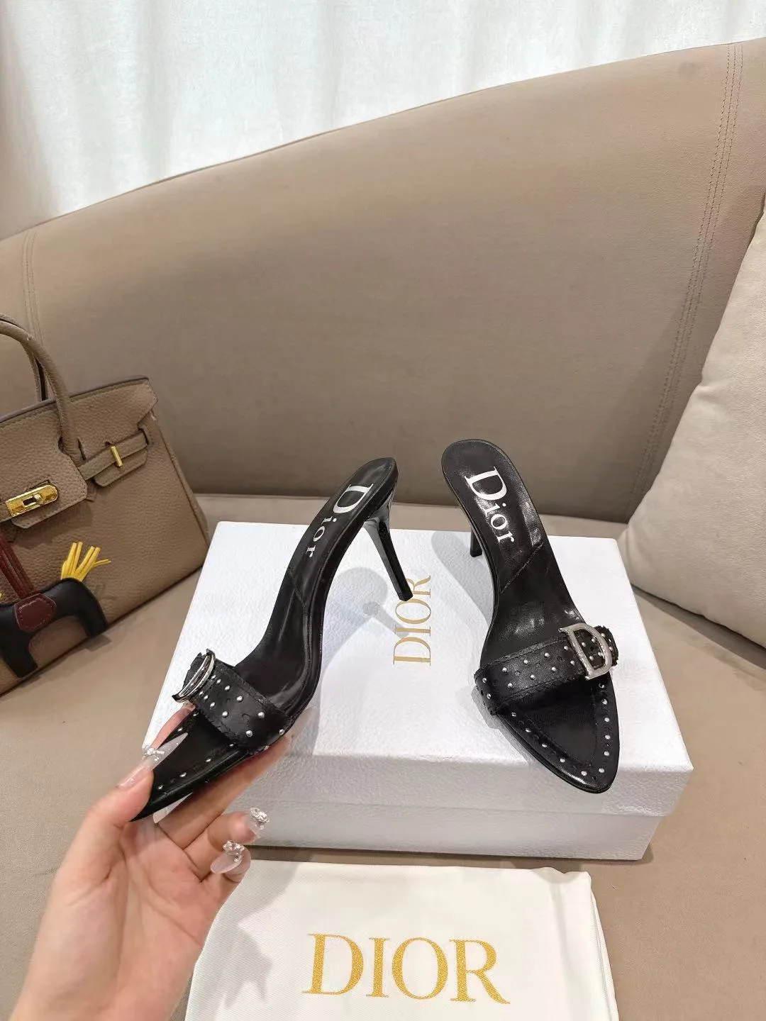 Dior Sheepskin Glossy Pointed-Toe Buckle Mules in Black · view 3