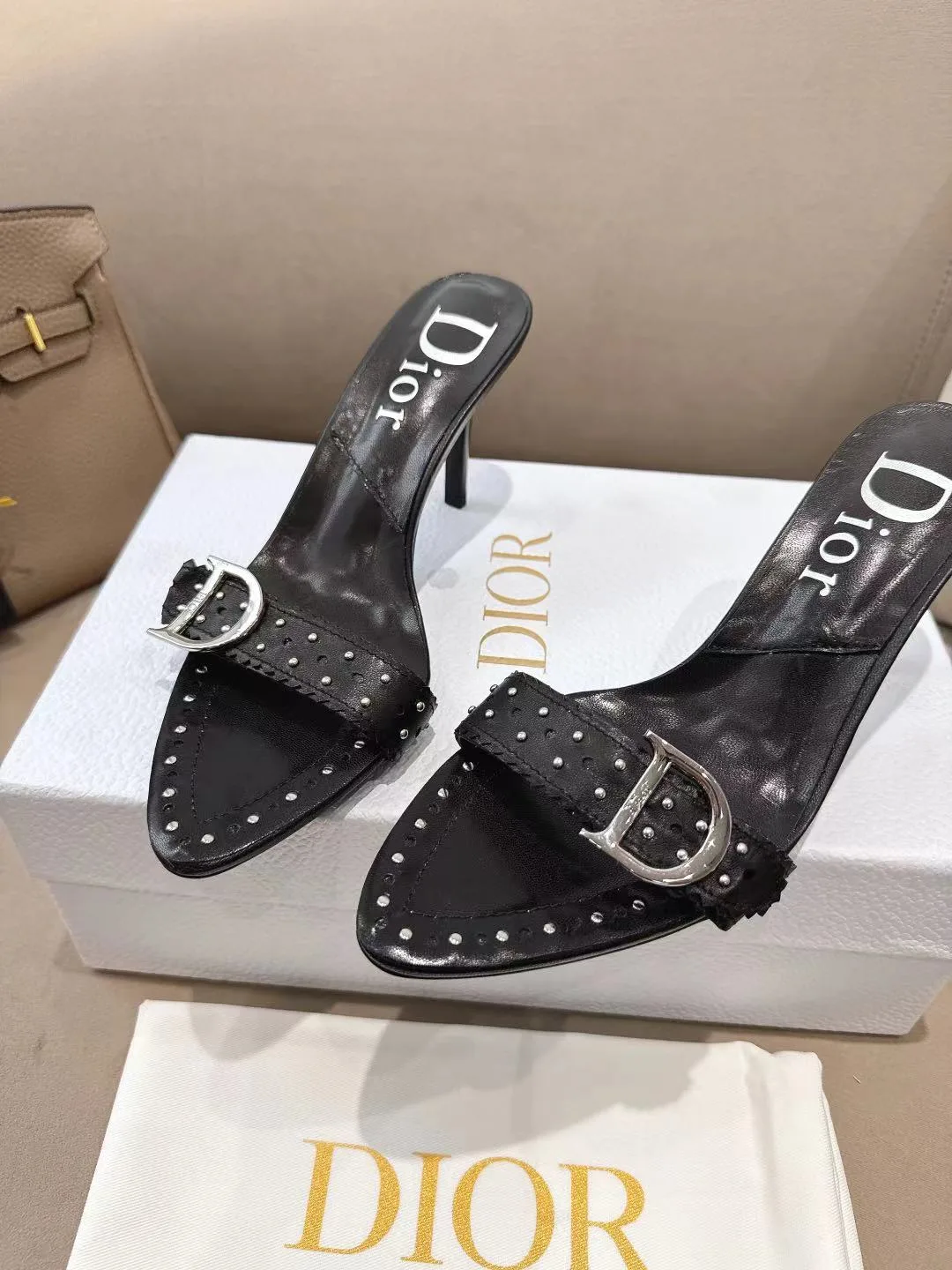 Dior Sheepskin Glossy Pointed-Toe Buckle Mules in Black · view 2
