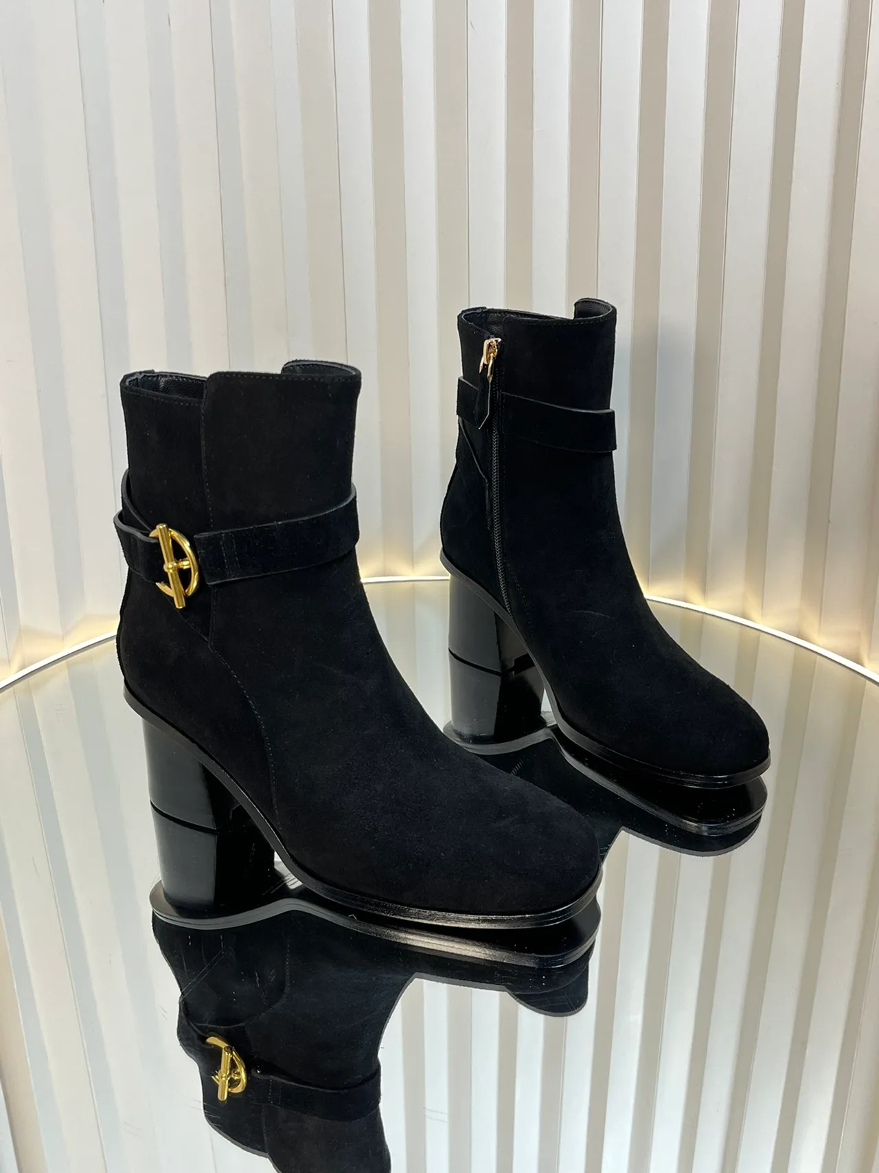 Calfskin D-Buckle Suede-Look Ankle Boots in Black · view 7