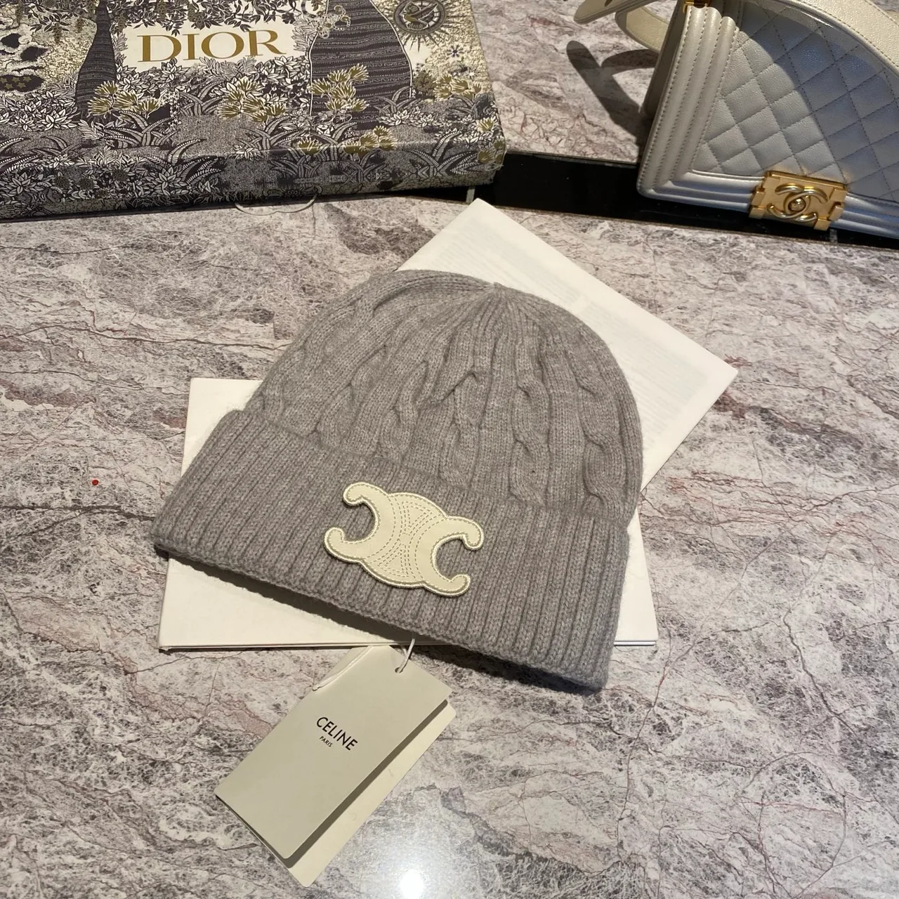 Celine Cable-Knit Triomphe Beanie in Pink & Black & White & Grey & Tan & Blue & Burgundy · view 5