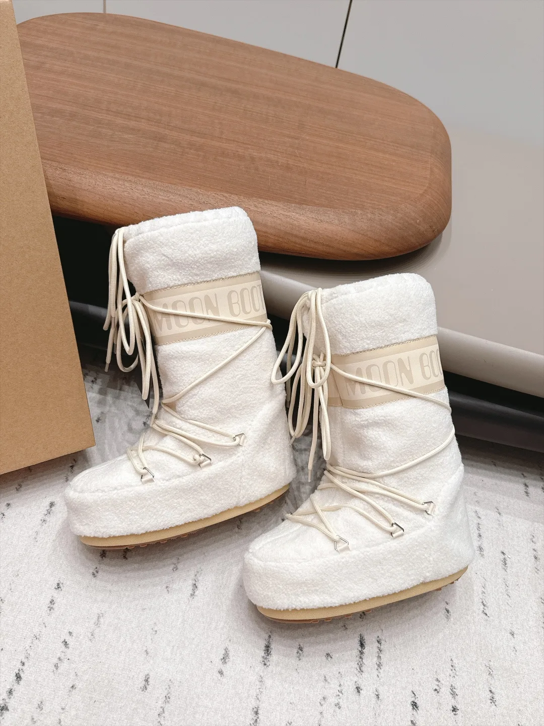 Moon Boot Ribbed Lace-Up Snow Boots in White · view 4