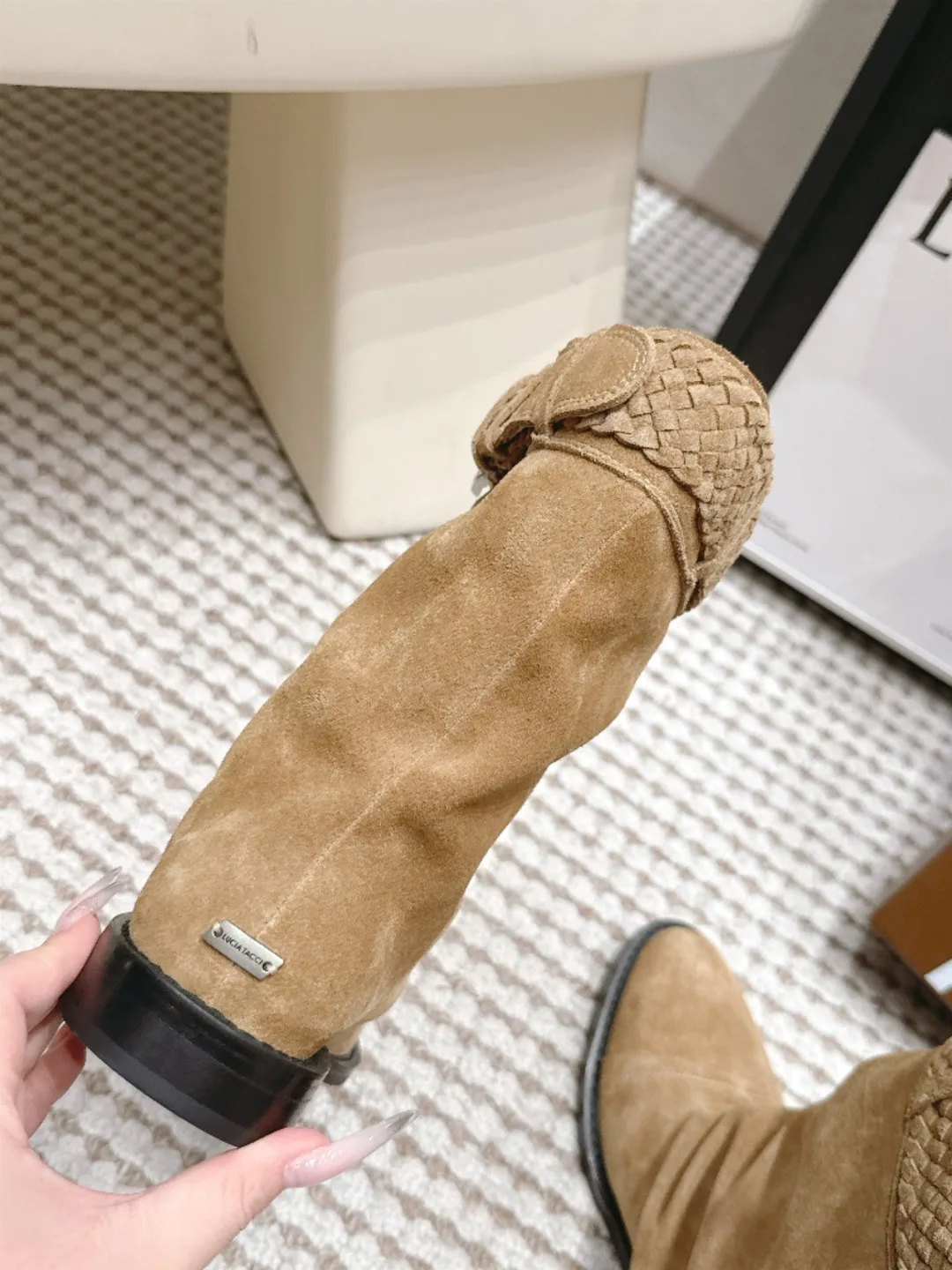 Loewe Woven Suede-Look Round-Toe Boots in Tan · view 8