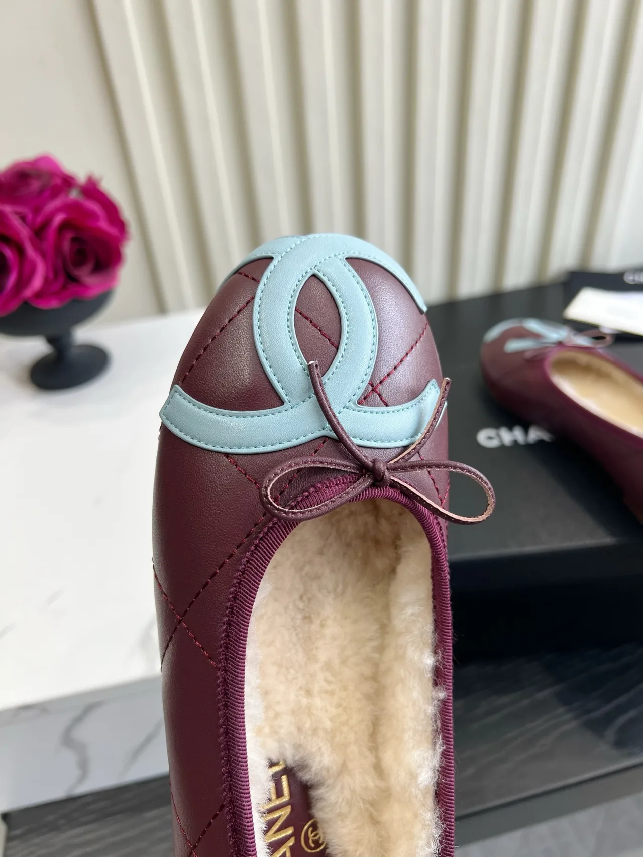 Chanel Sheepskin Quilted Bow Fur-Lined Ballet Flats in Burgundy · view 7