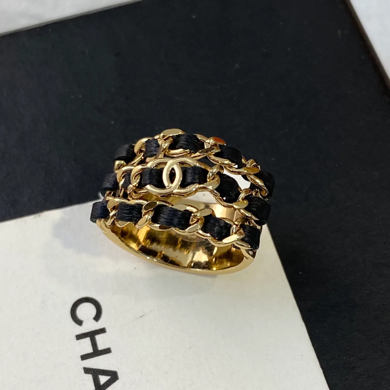 Chanel Sheepskin Woven Glossy Chain Ring in Gold · view 2