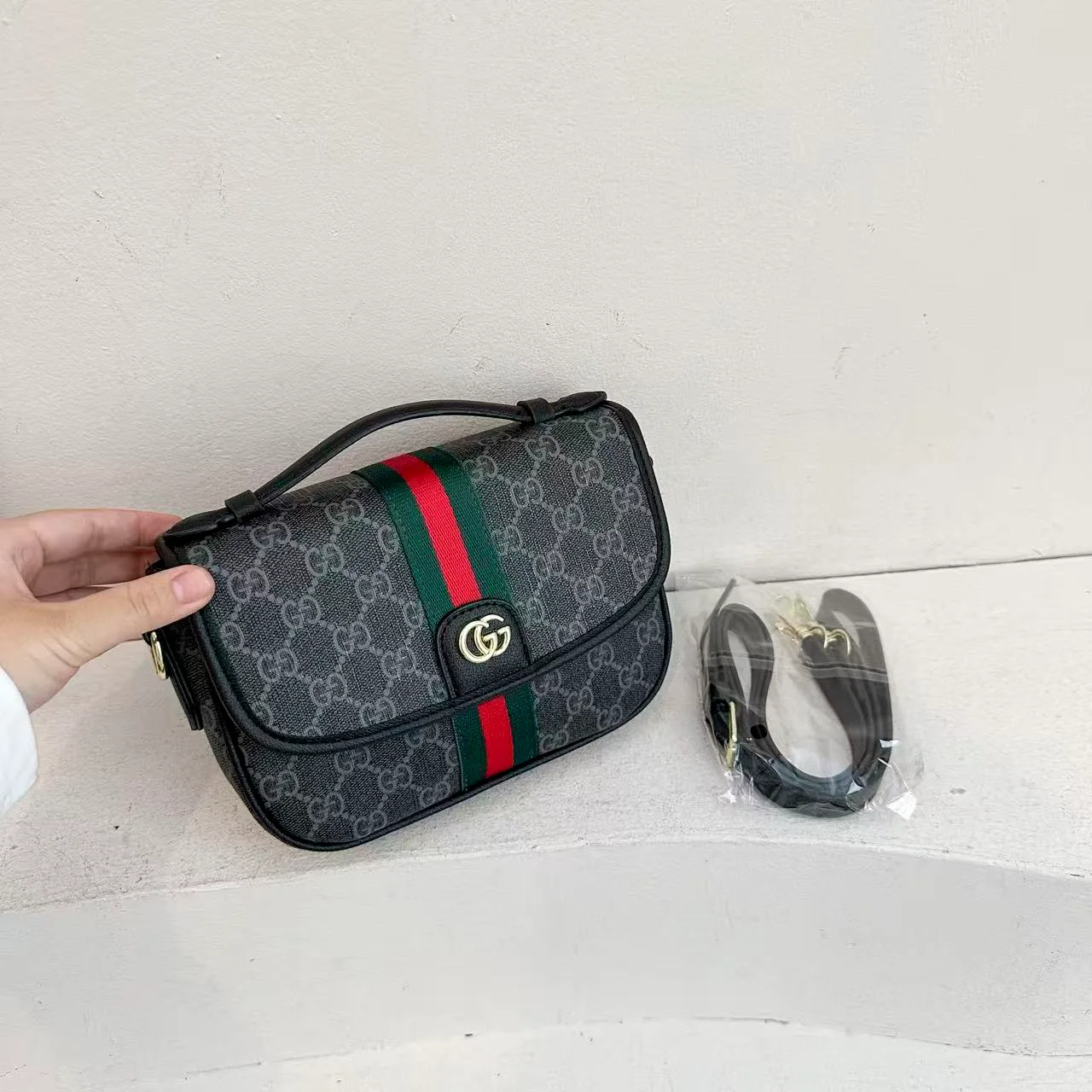 Gucci GG web-stripe camera bag in Grey & Cream & Black & Brown · view 3