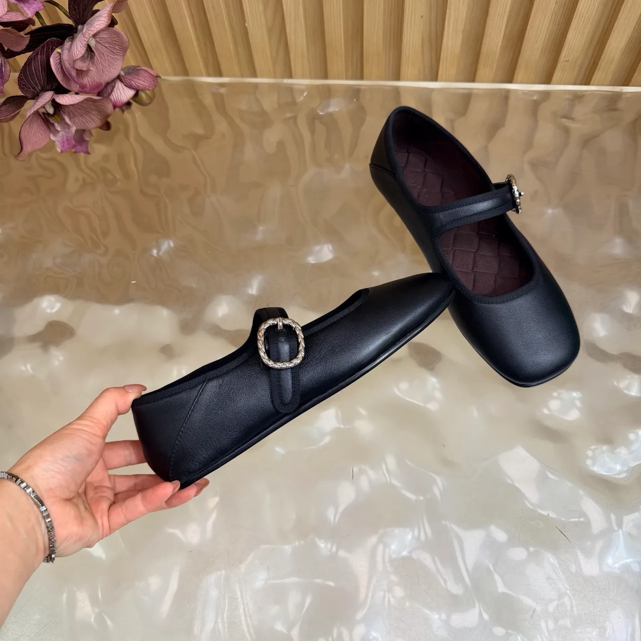 Bottega Veneta Sheepskin Quilted Buckle Mary Jane Flats in Black · view 7