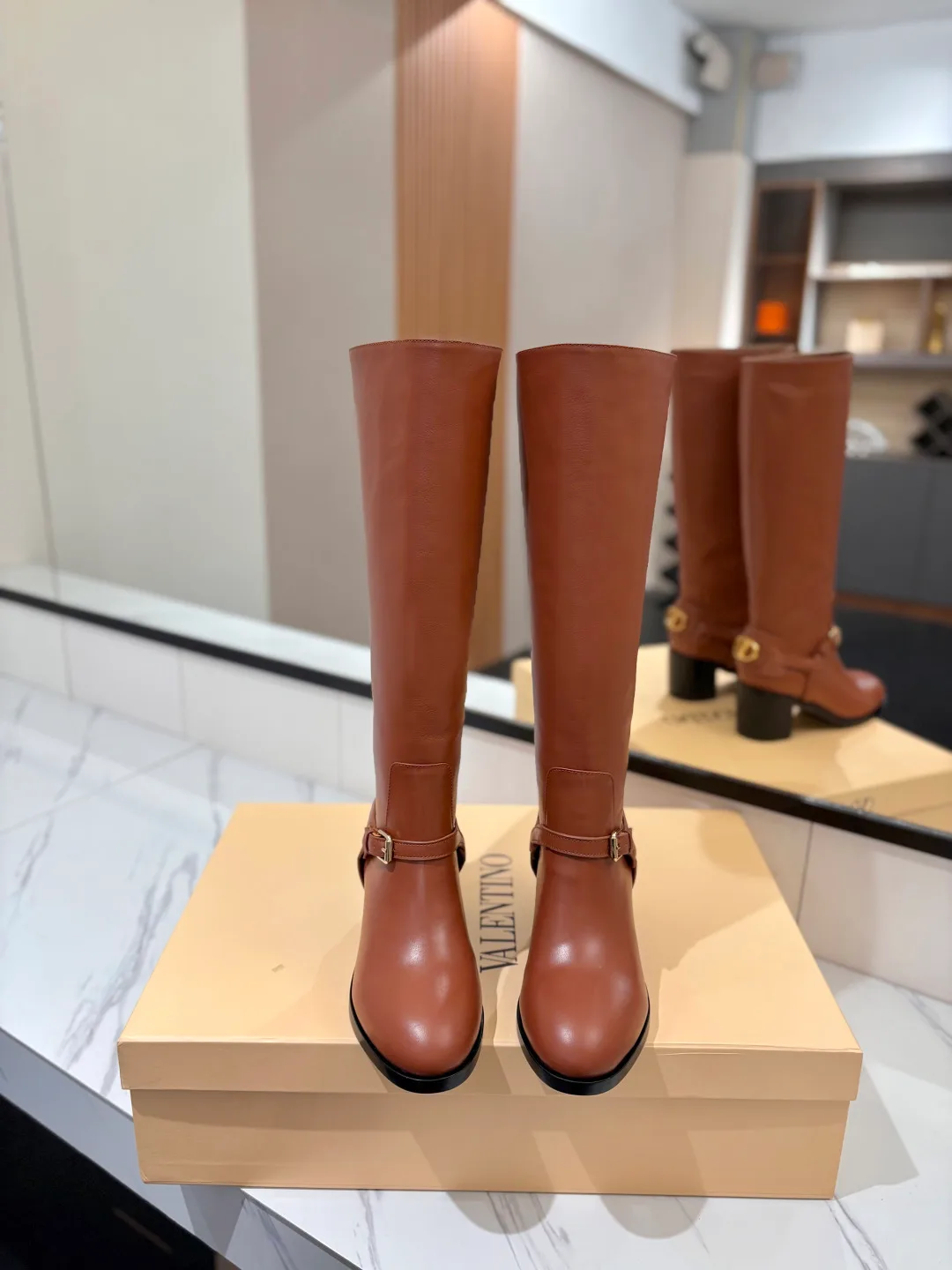 Valentino Calfskin Knee-High Boots in Brown · view 3