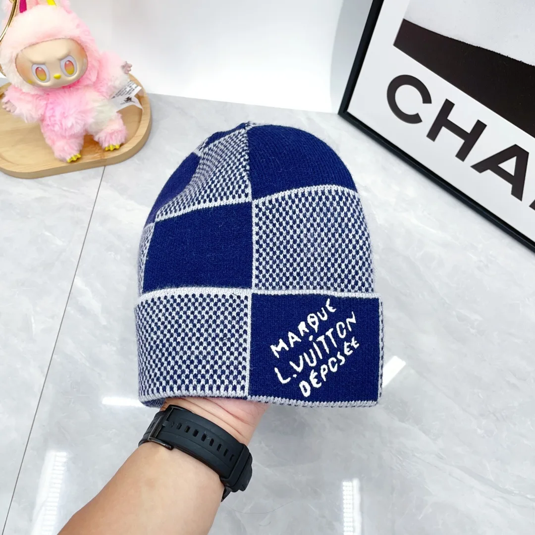 Louis Vuitton Wool Cashmere Embroidered Check Beanie and Scarf Set in Blue · view 5