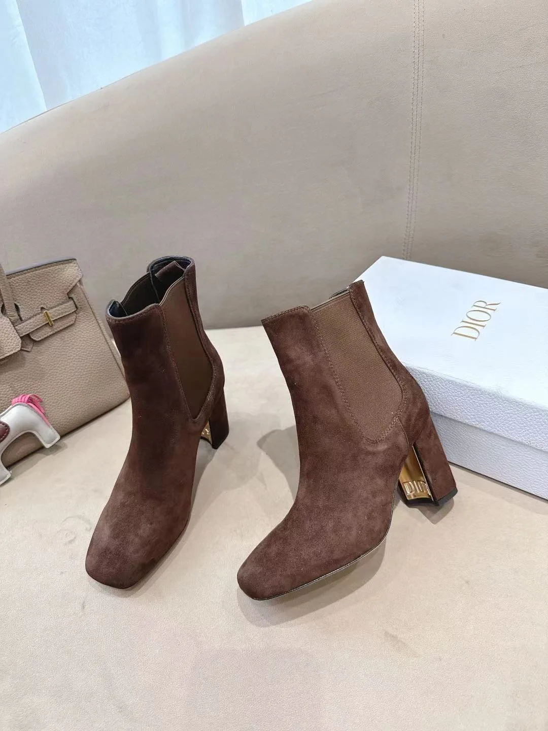 Dior Suede-Look Square-Toe Ankle Boots in Brown · view 4