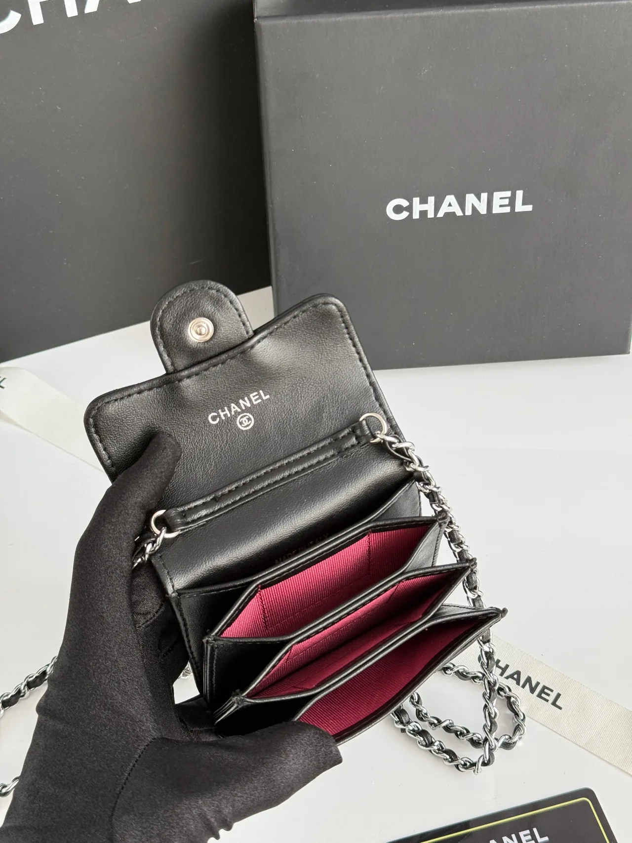 Chanel Glossy Quilted Mini Chain Bag in Black · view 8