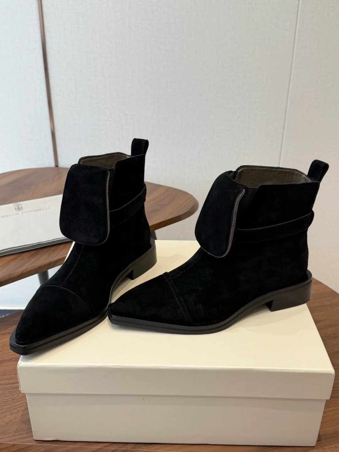 Brunello Cucinelli Pointed-Toe Suede Ankle Boots in Black · view 3