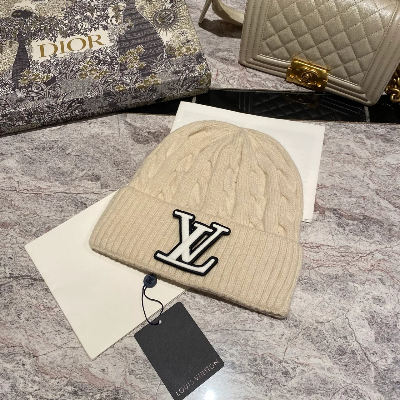 Louis Vuitton Cable Beanie in Pink & Burgundy & Grey & Blue & Beige & White & Brown & Black · view 5