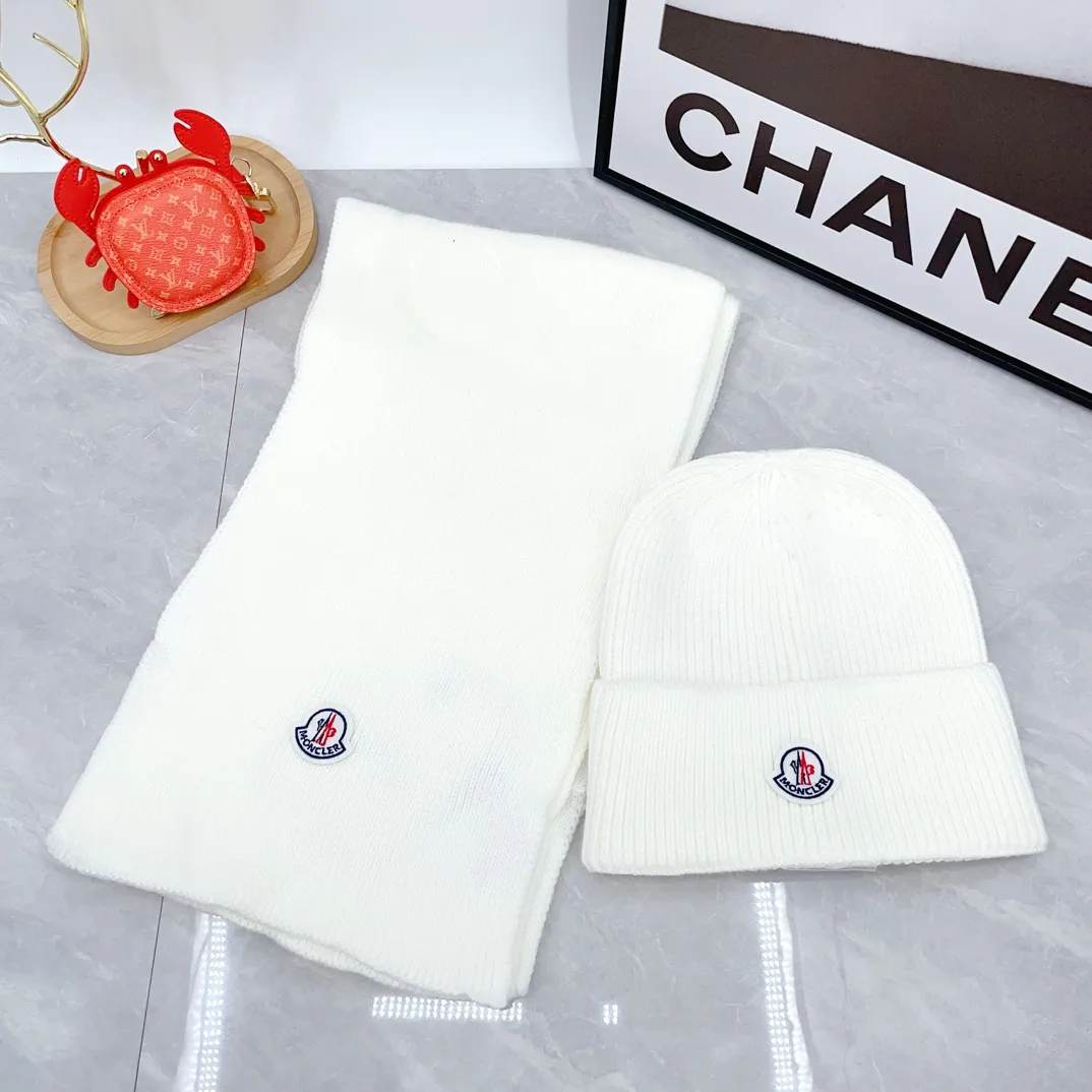 Moncler Wool Ribbed Beanie and Scarf Set in White · view 4