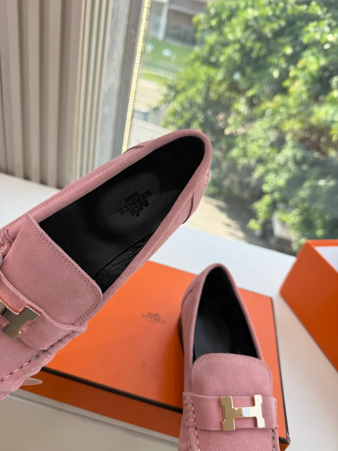 Hermes Calfskin Glossy Suede-Look Loafers in Pink · view 6