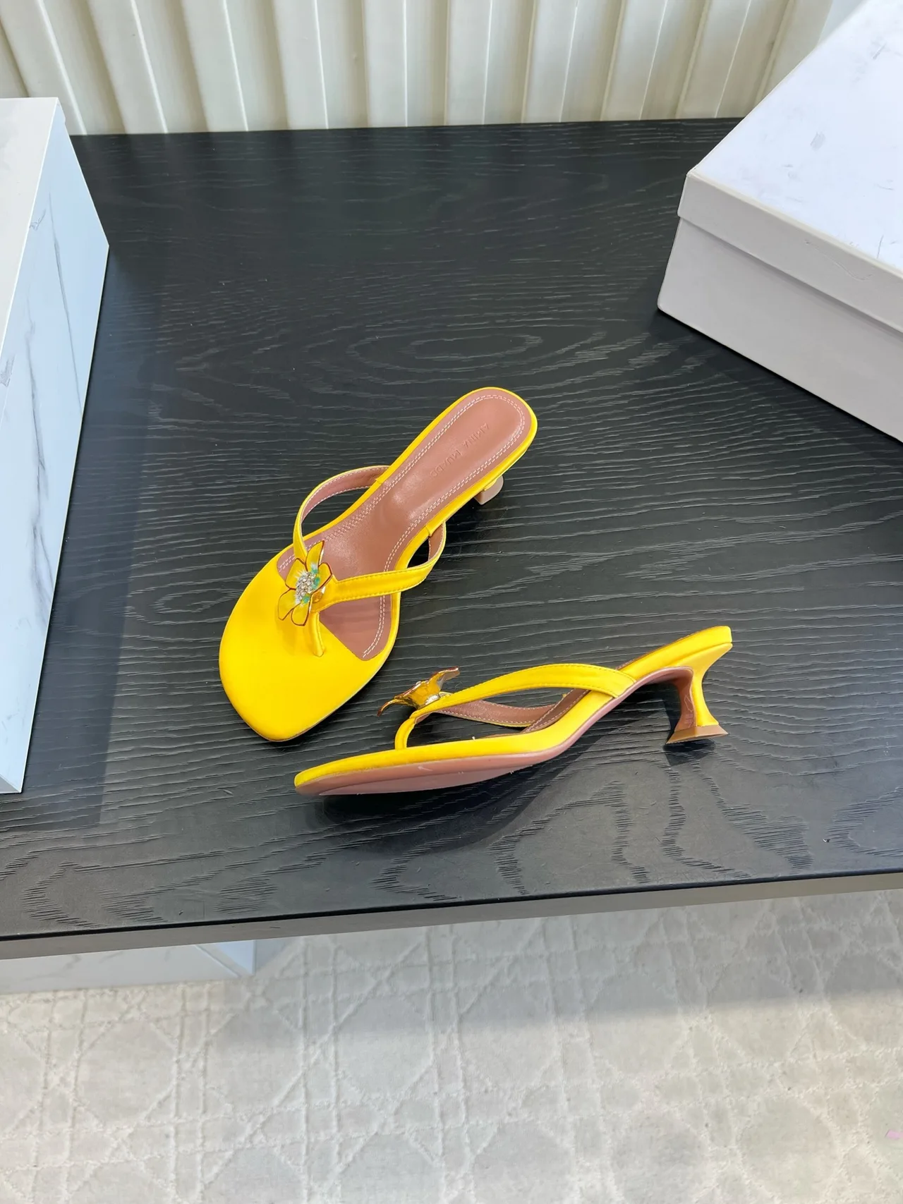 Amina Muaddi Silk Sandals in Yellow · view 4