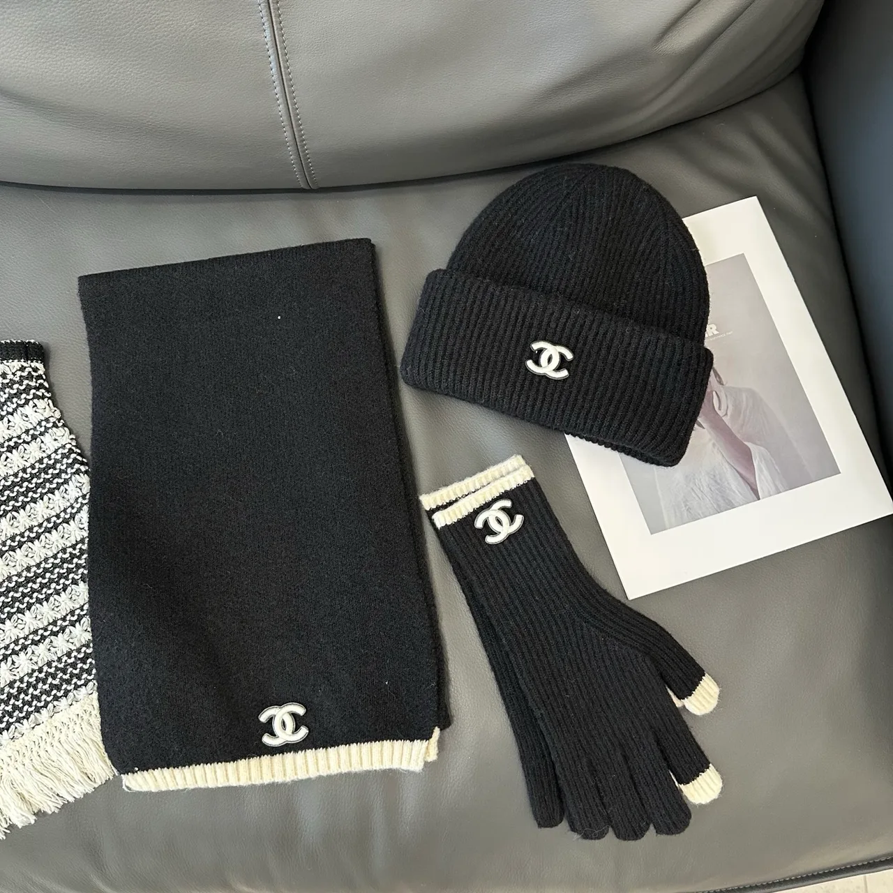 Chanel Hat Scarf and Gloves Set in Beige & Black & Burgundy & White · view 2
