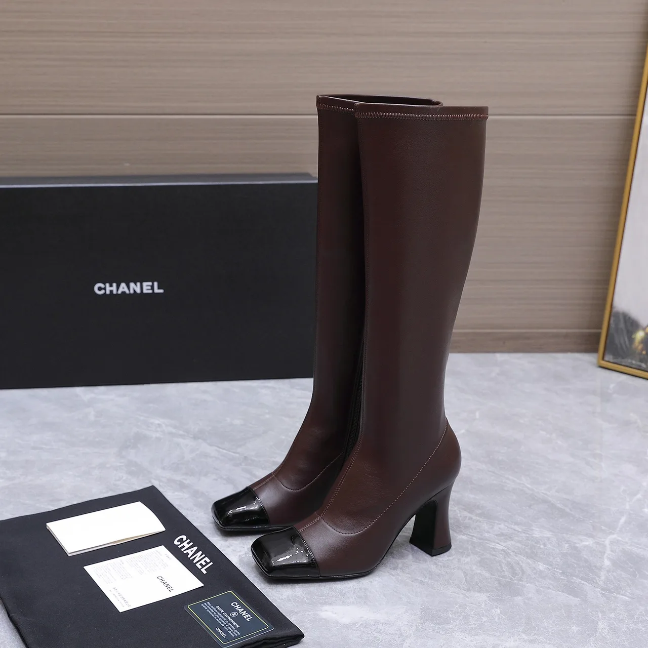 Chanel Cowhide Glossy Square-Toe Knee-High Boots in Brown · view 2