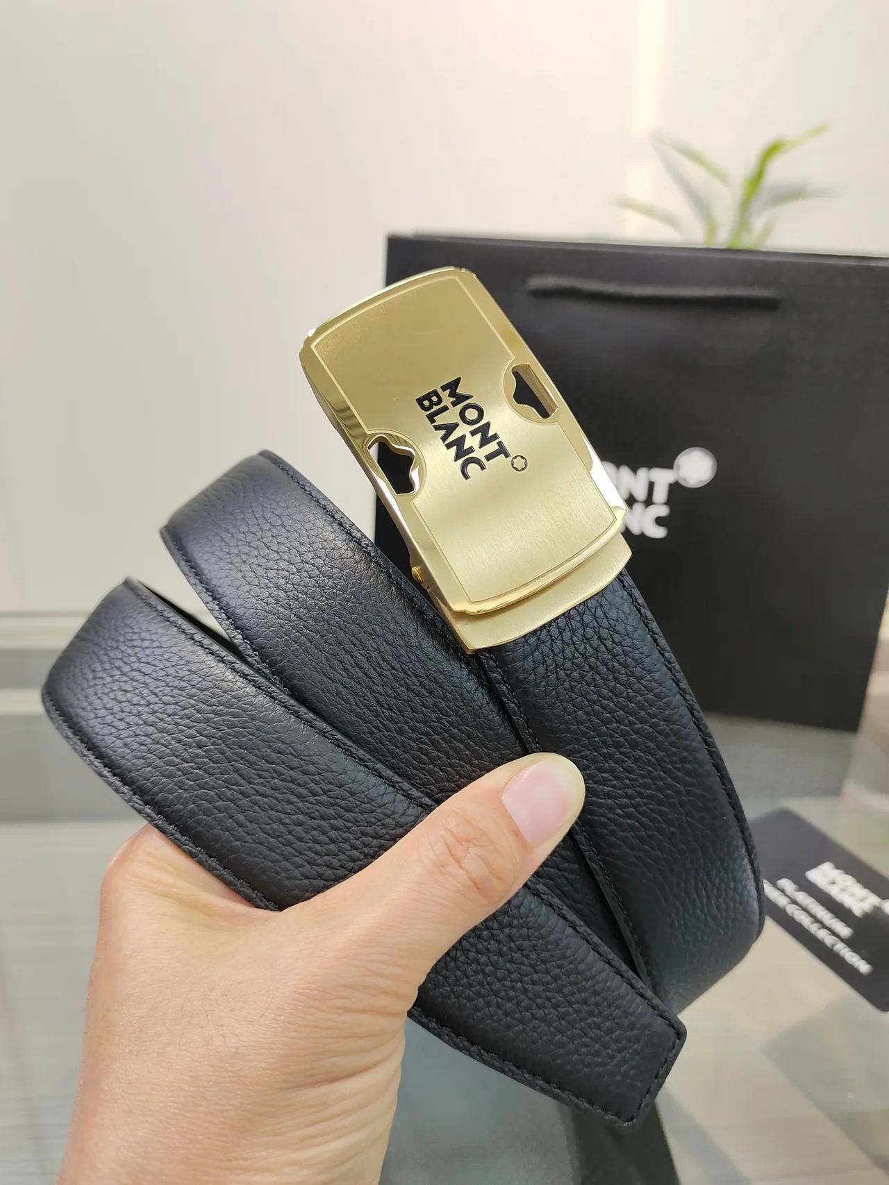 Montblanc Calfskin Pebbled Glossy Belt in Black · view 3