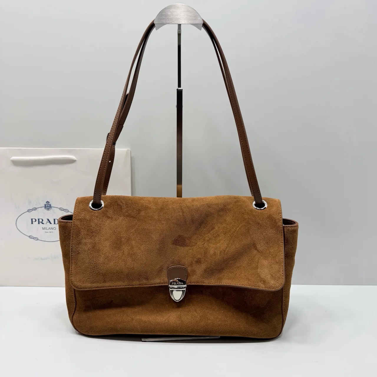 Prada Suede-Look Flap Shoulder Bag in Brown · view 1