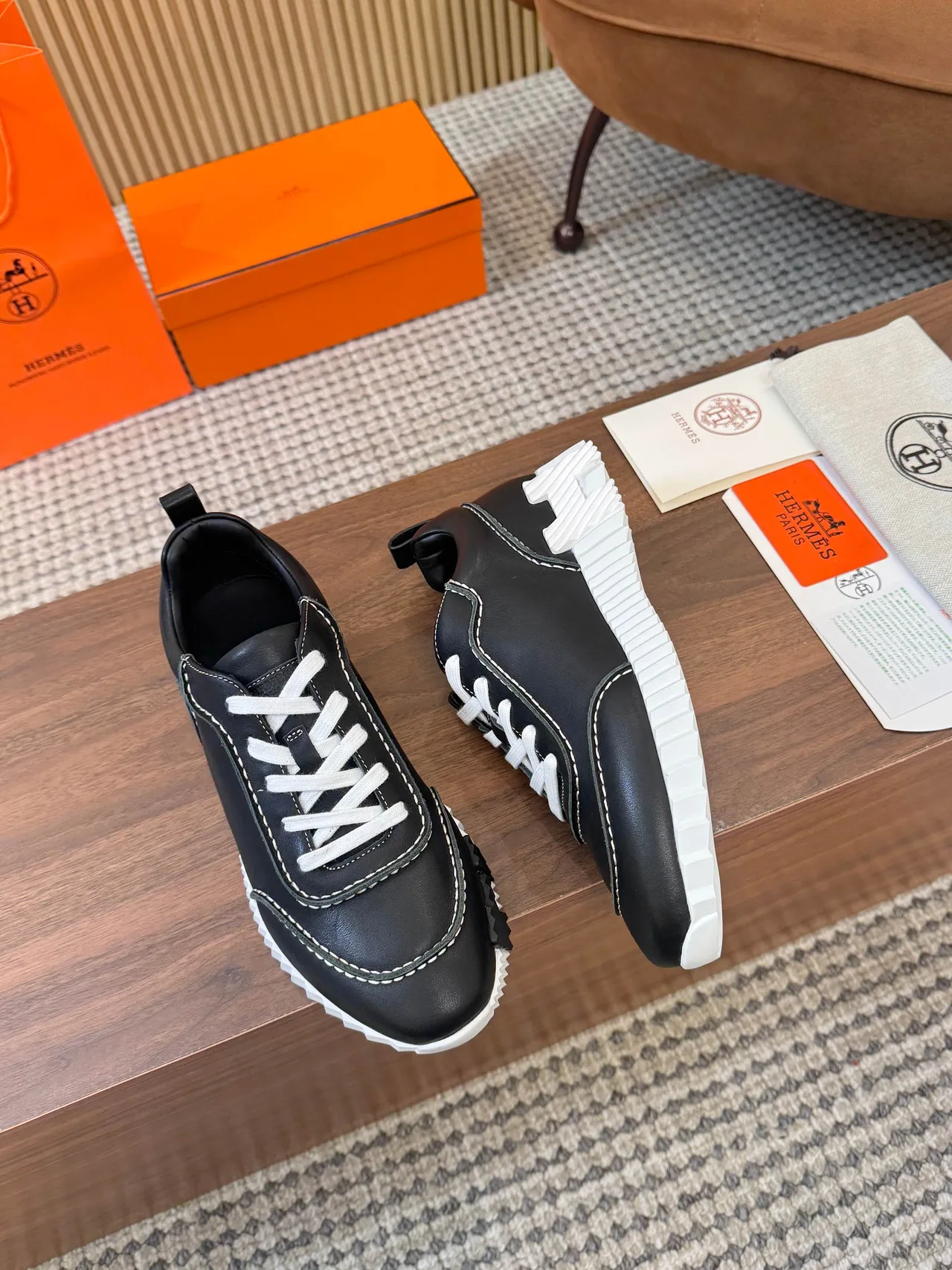 Hermes Smooth Round-Toe Sneakers in Black · view 4