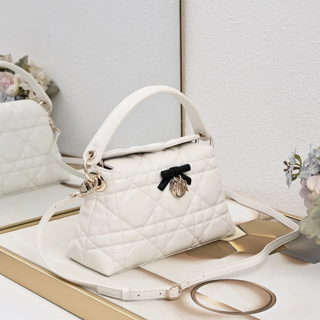 Dior Sheepskin Quilted Top-Handle Bag in White · view 2