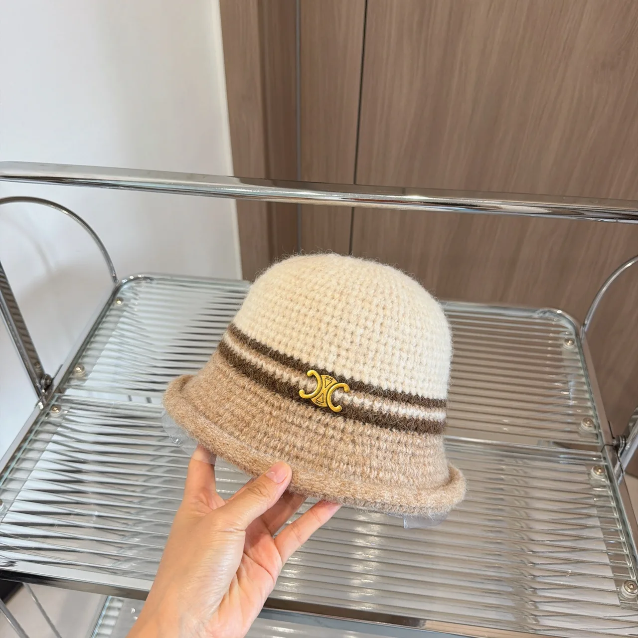 Celine Knit Bucket Hat in Grey & Tan & Cream · view 4
