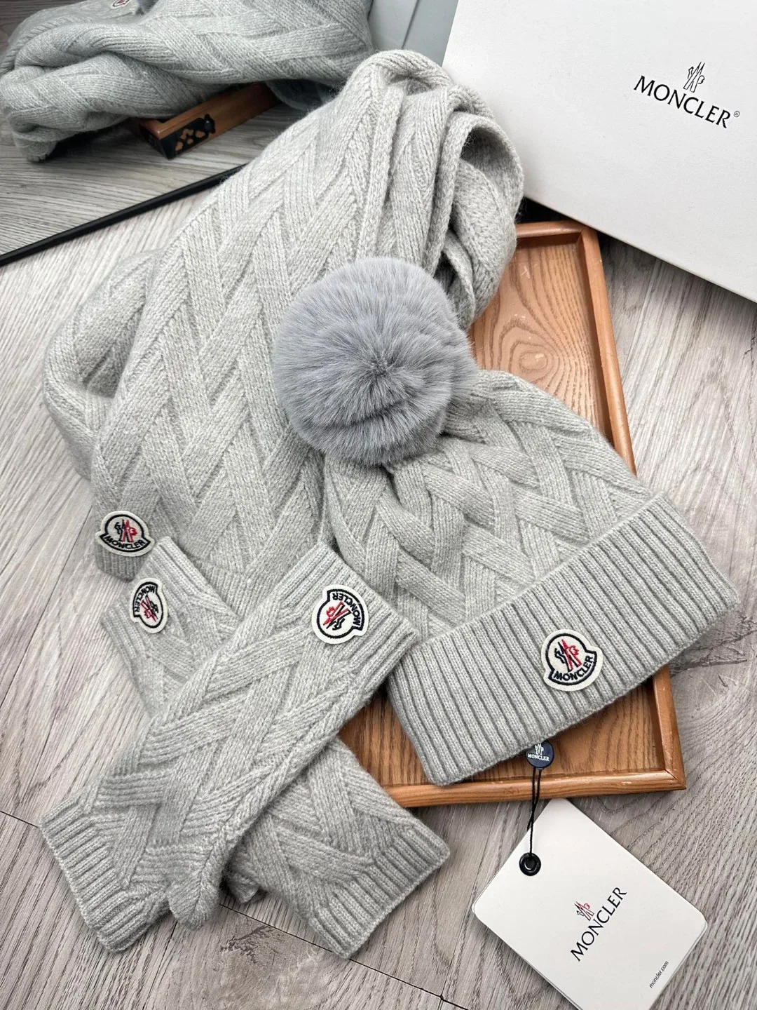Moncler Wool Smooth Hat Scarf and Gloves Set in Grey · view 8