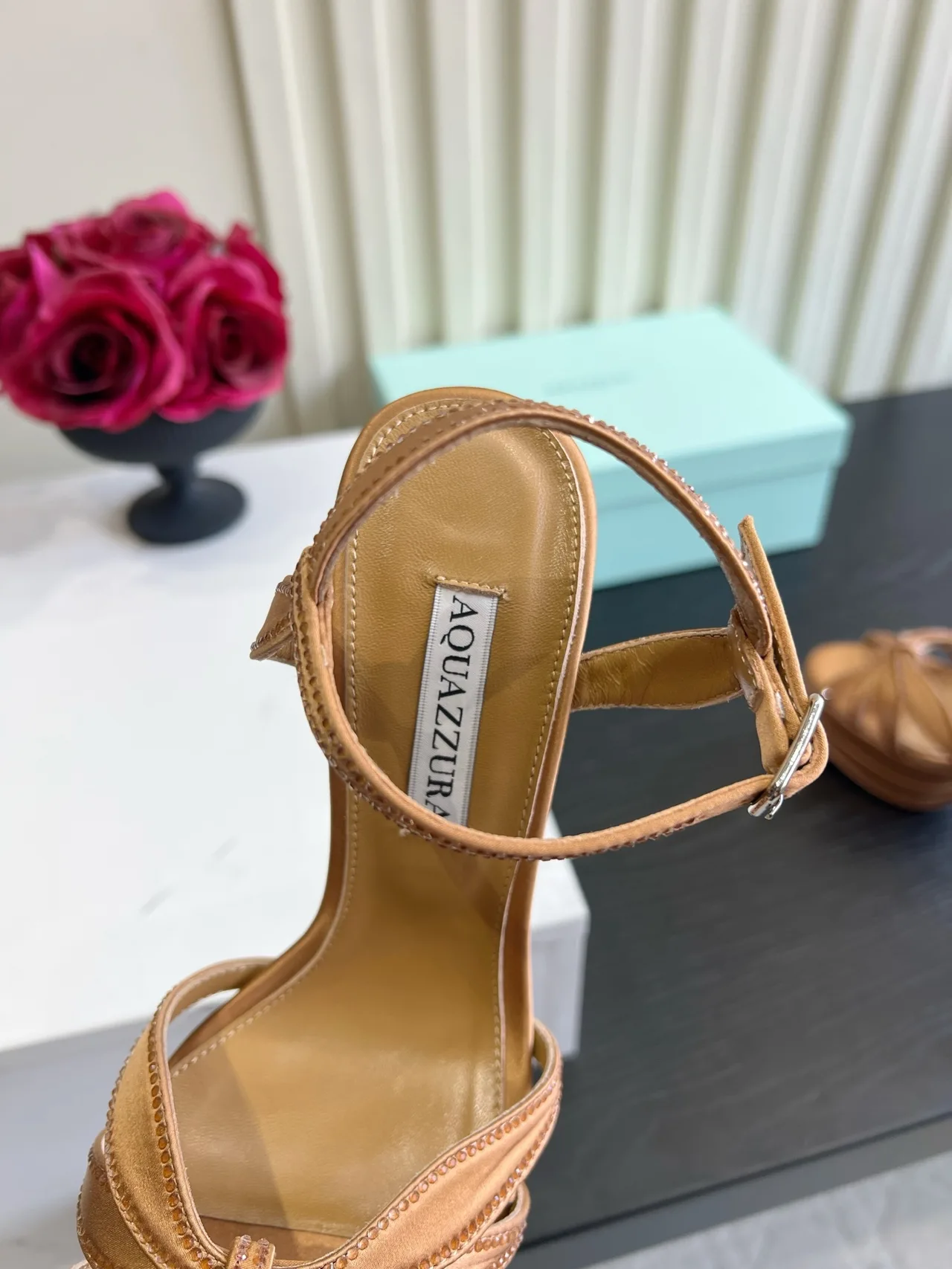 Aquazzura Silk Glossy Buckle Sandals in Tan · view 8