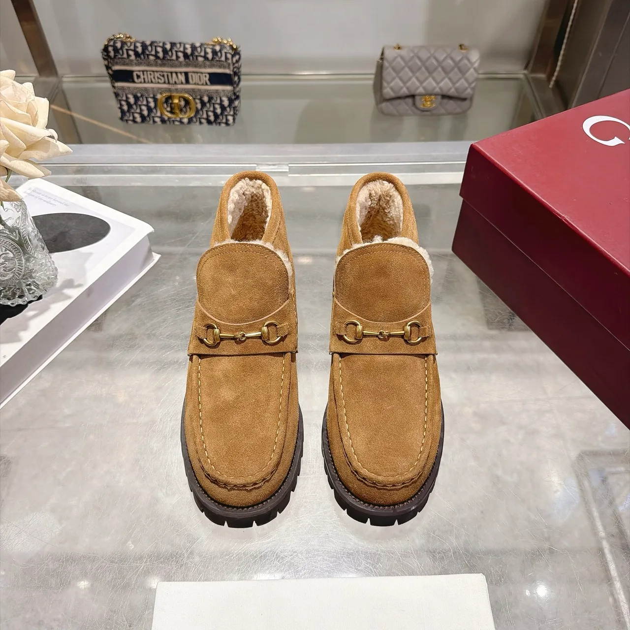 Cowhide Suede-Look Buckle Horsebit Lined Ankle Boots in Brown · view 1