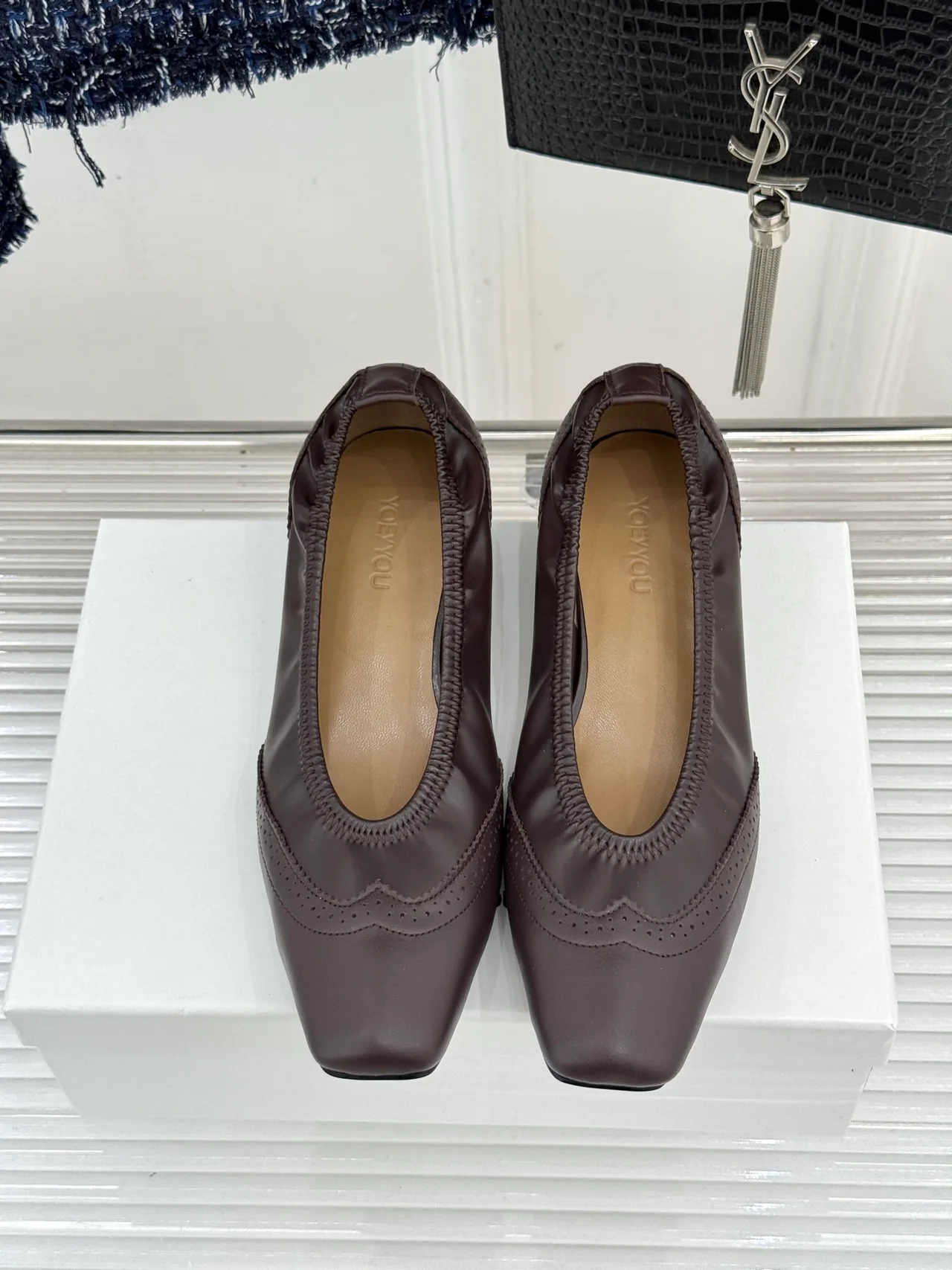 YOEYYOU Lambskin Denim Smooth Square-Toe Pumps in Brown · view 4