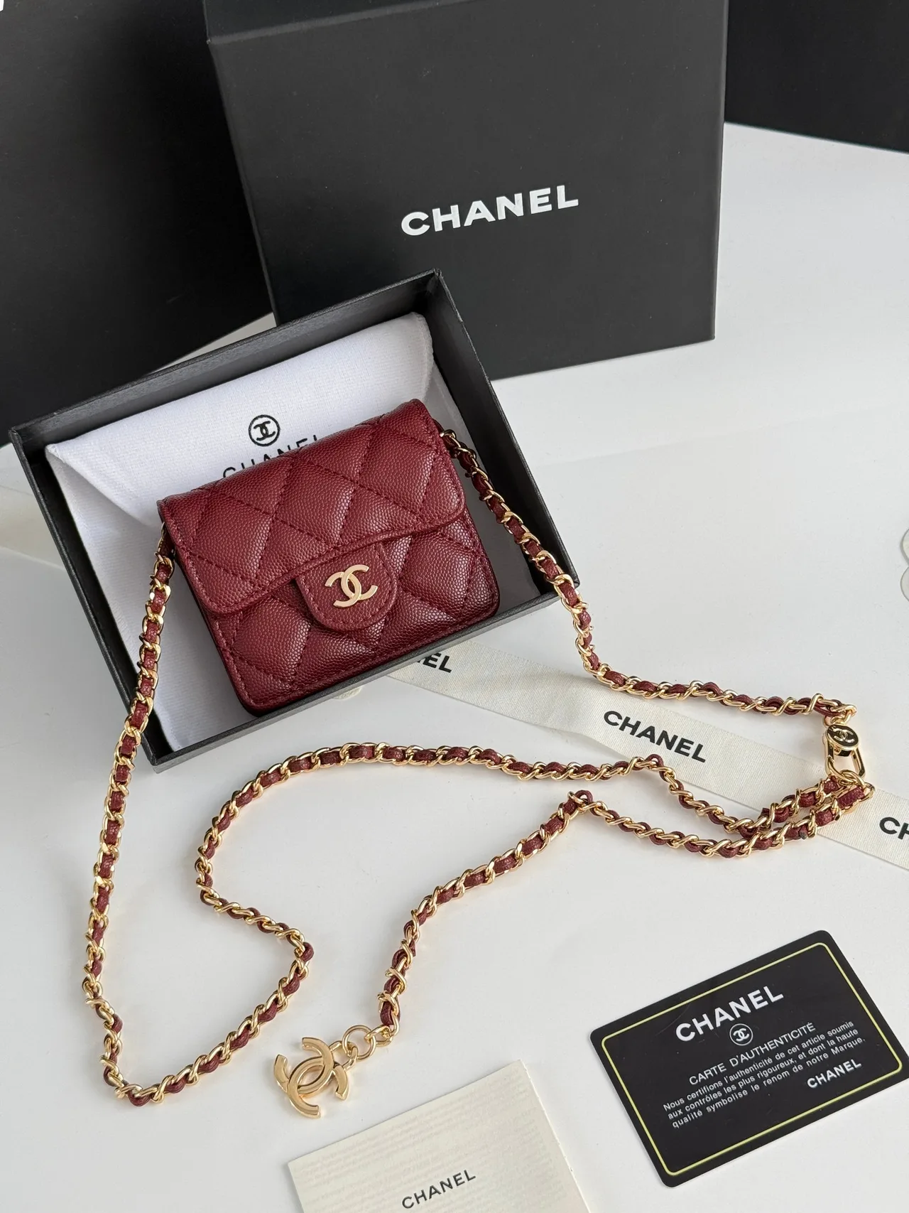 Chanel Quilted Chain Mini Wallet in Burgundy · view 2