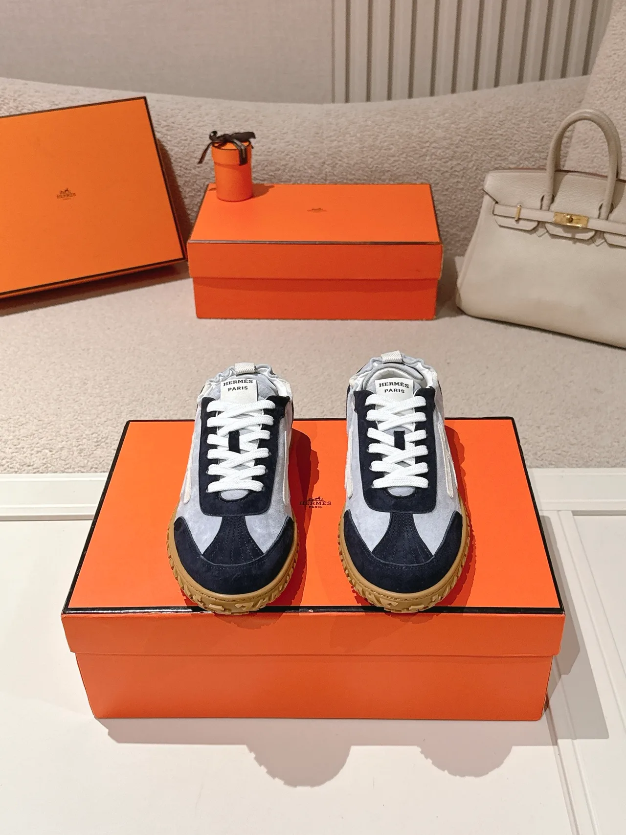 Hermes Sheepskin Suede Sneakers in Blue · view 1