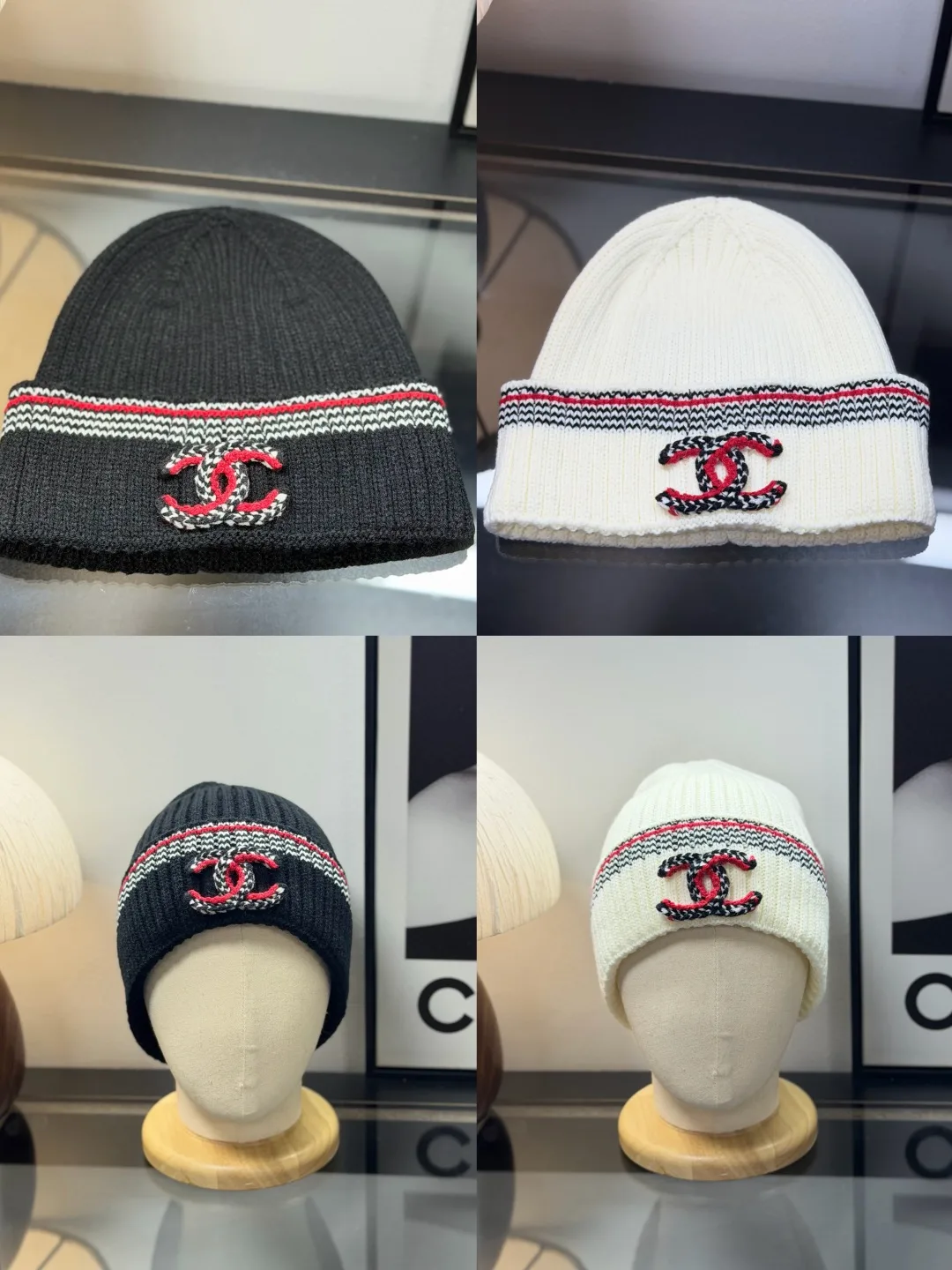 Chanel Striped CC beanie in Cream / Grey · view 2