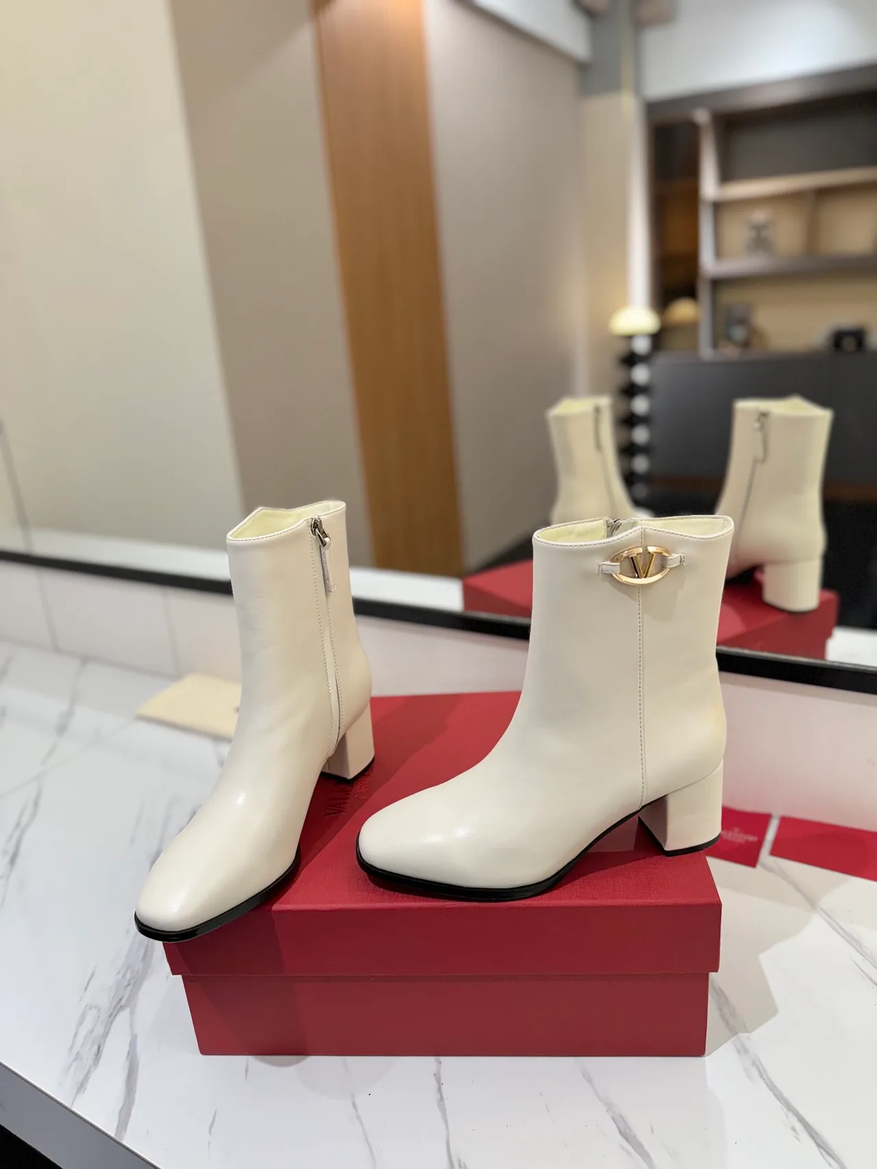 Valentino Calfskin Glossy Square-Toe Ankle Boots in White · view 5