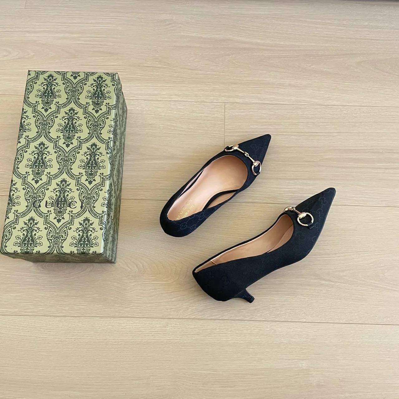 Gucci Canvas Pointed-Toe Buckle Horsebit Kitten Heel Pumps in Black · view 6