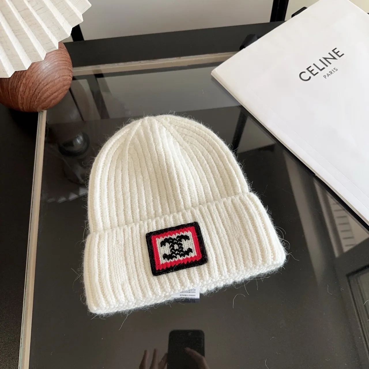Chanel Patch Ribbed Beanie in White & Black & Blue & Grey · view 5