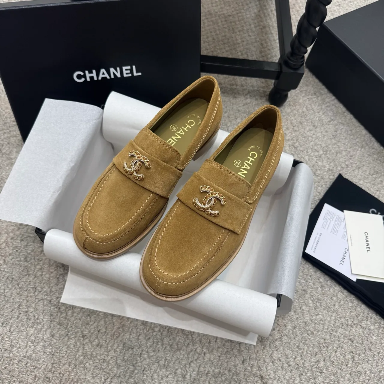 Chanel Cowhide Suede-Look Loafers in Brown · view 3